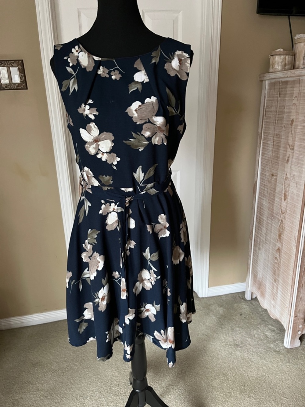 Navy Floral Midi Dress with Self-Tie Waist